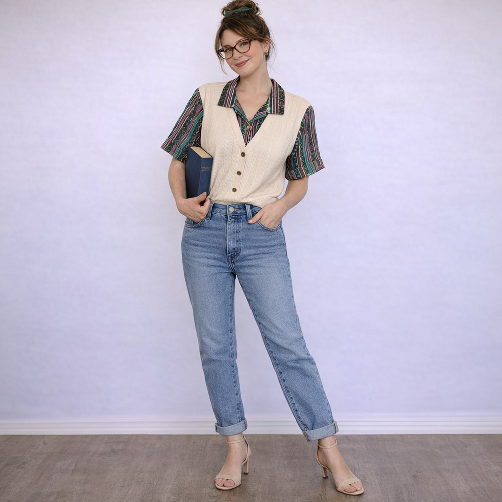 Cricket Lane Vintage Womens Medium Cotton Knit Sweater Vest Layered Shirt Top